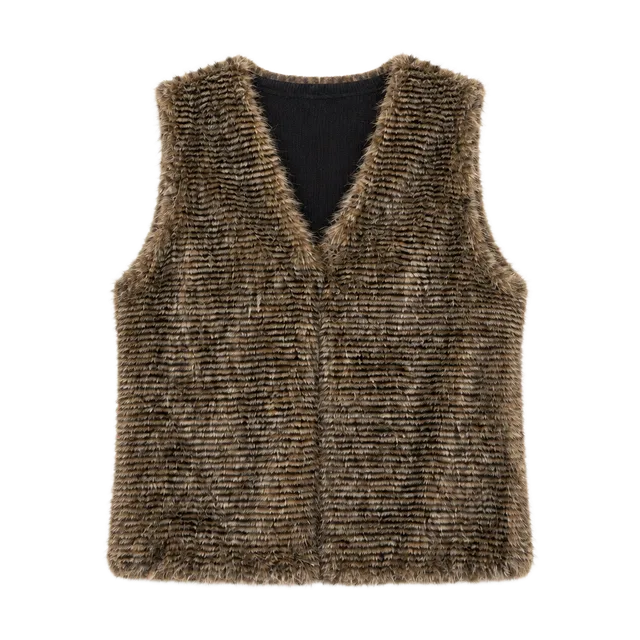 Faux Fur Vest Size L Brown Striped Sleeveless Open Front