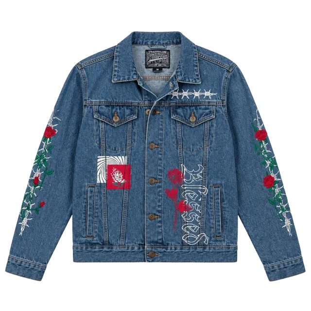 Brooklyn Cloth Jean Jacket Size M Blue Blessed Rose Embroidery Patches