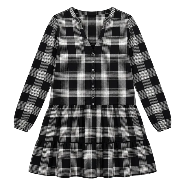 Loft Plaid Tiered Dress Size 8 Black White Long Sleeve Button Front