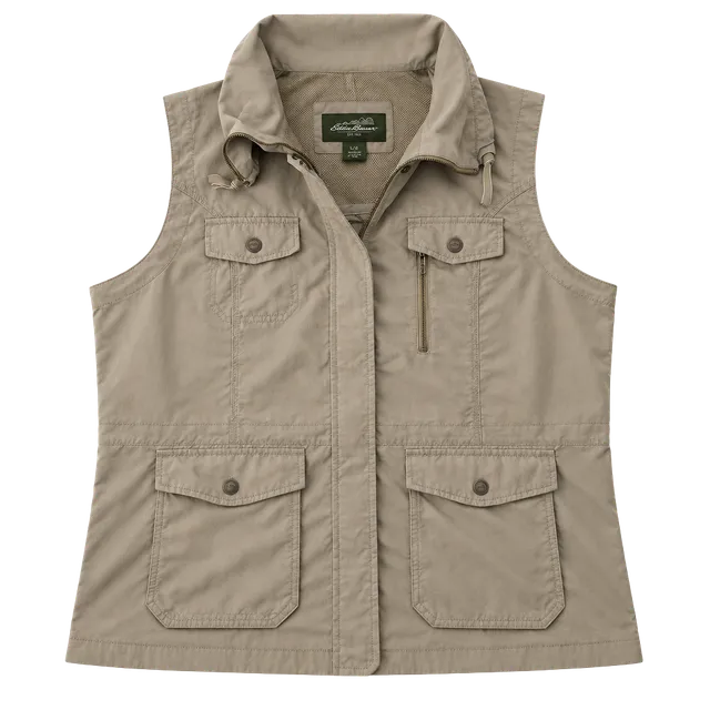 Eddie Bauer Utility Vest Size XXL Tan Cargo Hooded Nylon
