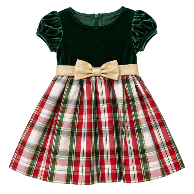 By Bonnie Jean Dress Size 2T Green Velvet Red Plaid Holiday Bow