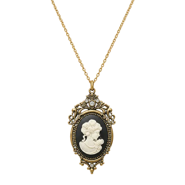 Upcycled Vintage 1970s Black and White Cameo Pendant Necklace Gold Tone Filigree