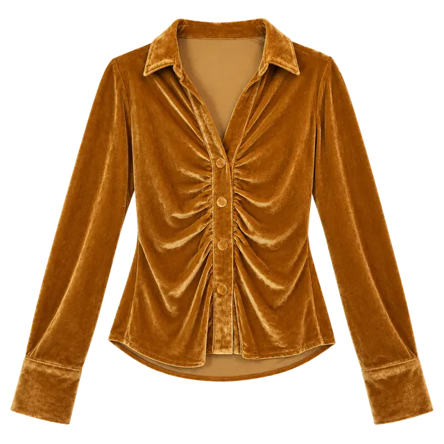 THML Velvet Ruched Button Down Shirt Gold Size S