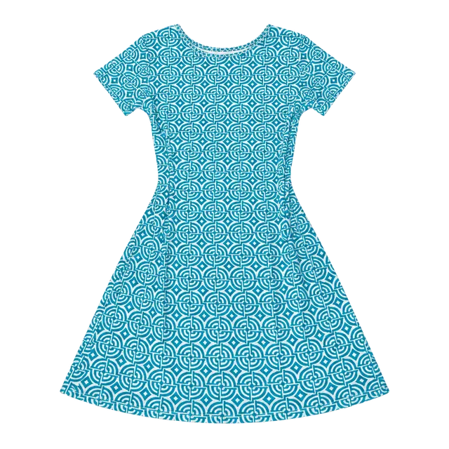 Joyous & Free Dress Size L Blue Geometric Print Beaded Neck