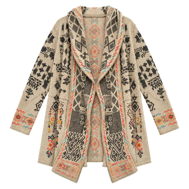 Johnny Was Biya Embroidered Hooded Duster Cardigan Size L Beige Boho Sweater
