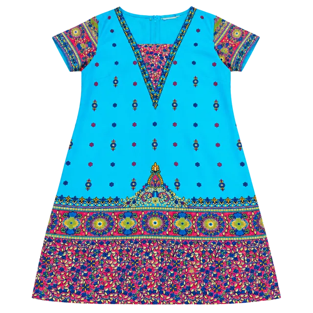 eShakti Silk Dress Size XS Turquoise Floral Print Mini Shift