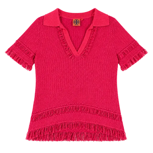 Tory Burch Fringe Knit Polo Top Size S Pink Short Sleeve