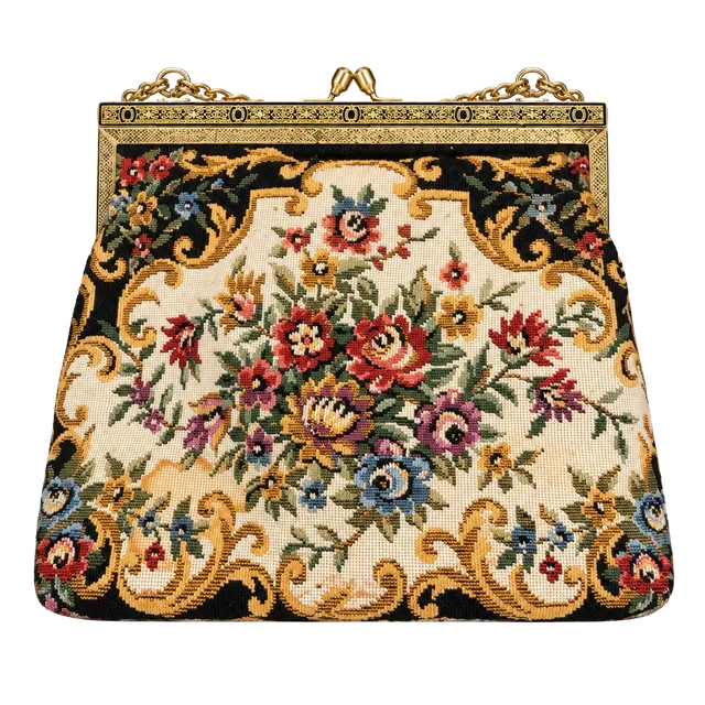 Vintage Floral Tapestry Needlepoint Handbag Gold Tone Chain