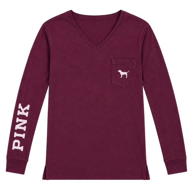 Pink Victoria's Secret Long Sleeve Tee Size XS Maroon Pocket Logo