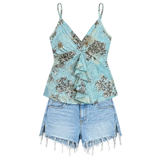Fairycore Floral Butterfly Print Ruffle V-Neck Tank Top Size L Blue
