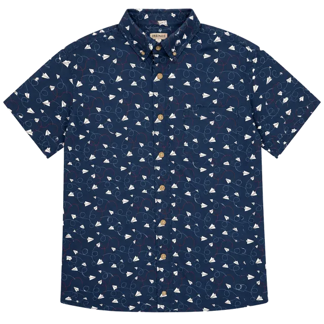 Duluth Trading Co Untucked Short Sleeve Shirt Size XL Blue Paper Airplanes