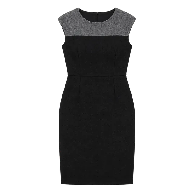 St. John Knit Dress Size 10 Black And Gray Santana Knit Cap Sleeve