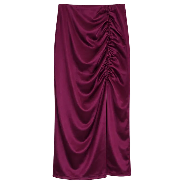 Express Ruched Midi Strapless Dress Size L Magenta Satin