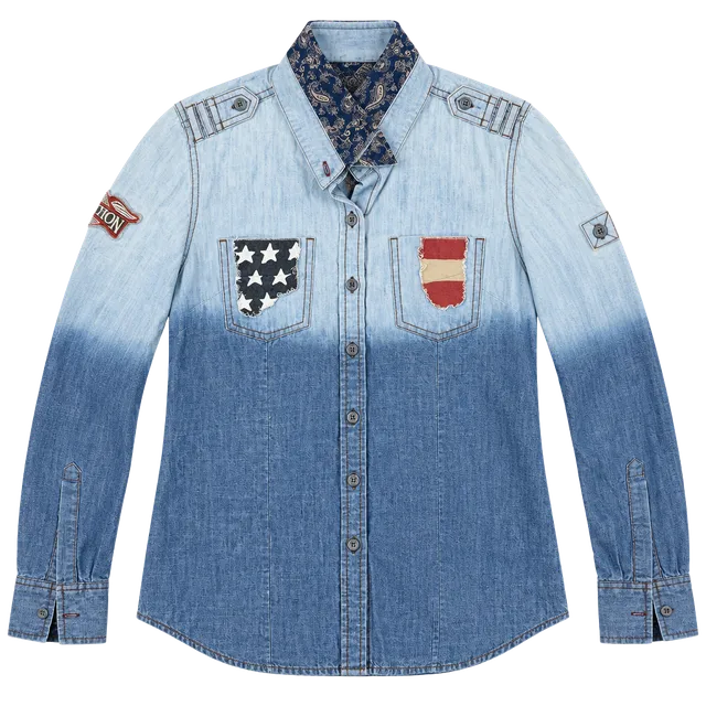 Affliction Button Down Shirt Ombre US Flag Patch Denim XS