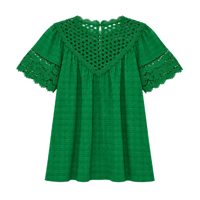 Current Air Top Size M Green Eyelet Lace Short Sleeve Blouse