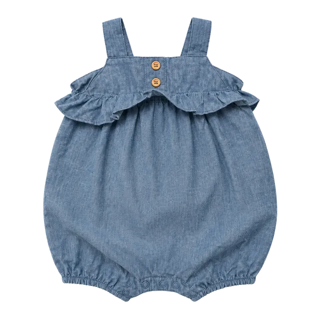Tahari Baby Romper Size 6-9M Blue Chambray Flutter Bubble