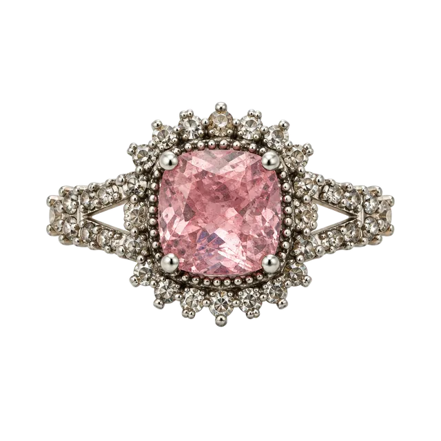 Unbranded Morganite Ring Silver Cushion Cut Halo Engagement Ring
