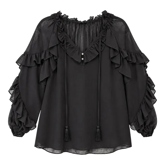 GIGIO USA Women’s L Black Sheer Ruffle Blouse Boho Peasant Top Long Sleeve