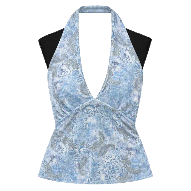 See You Monday Halter Tank Top Size L Blue Paisley Floral Cowl Neck