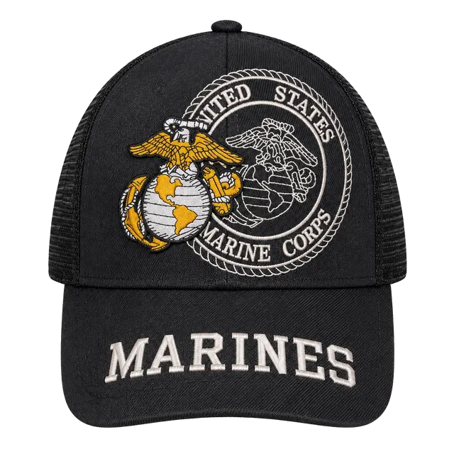 US Marines USMC Eagle Globe Anchor Black Mesh Trucker Snapback Hat Cap