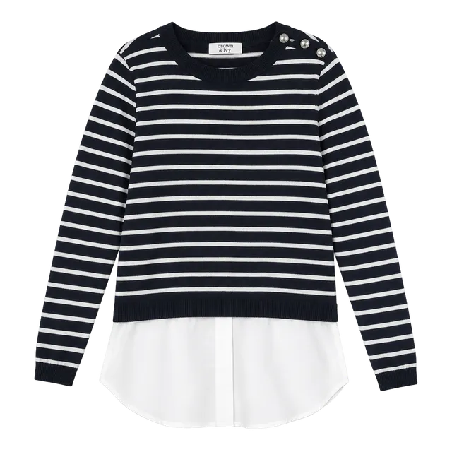 Crown & Ivy Striped Layered Look Sweater Blue White