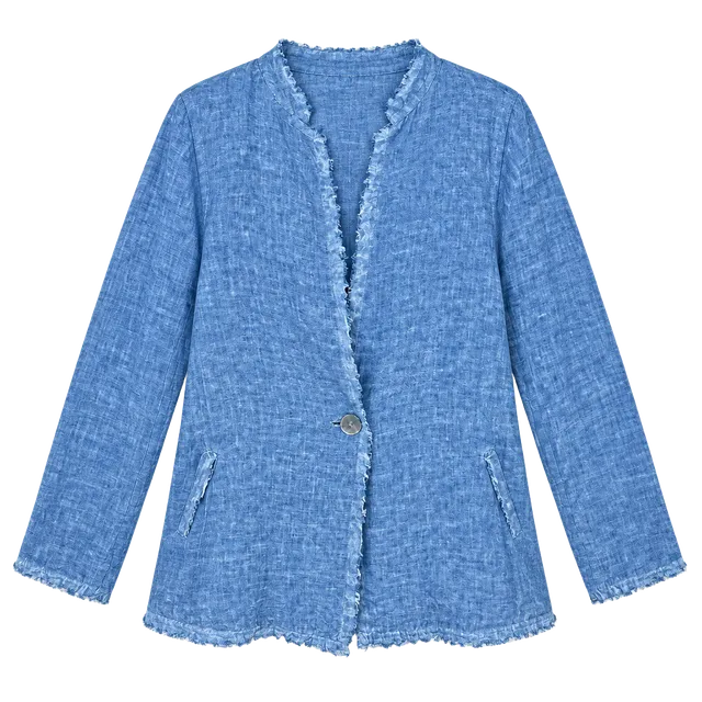 Meo Meli Linen Blazer Blue Distressed Raw Hem