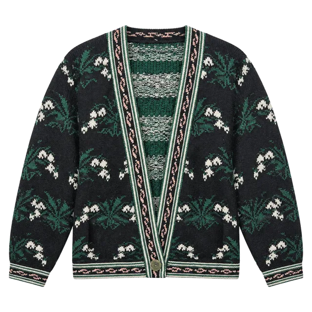Cullinane Floral Knit Cardigan Sweater Black Green