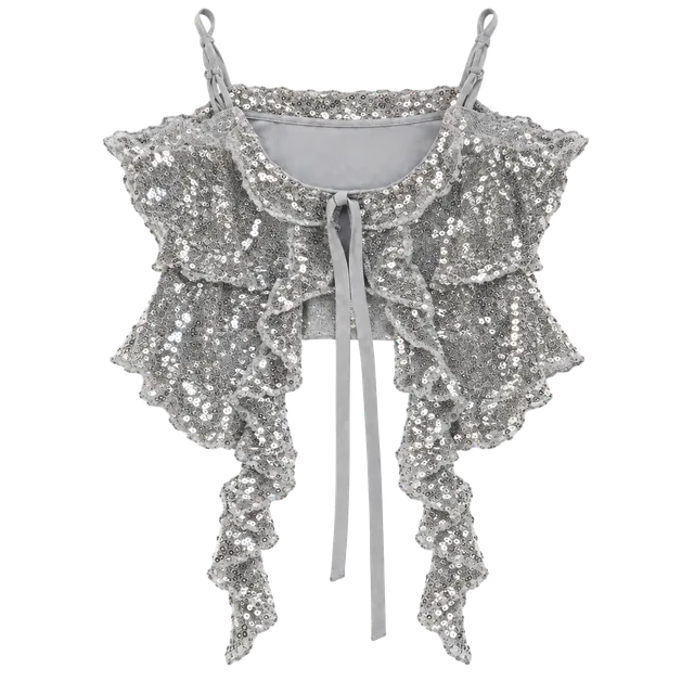 No Boundaries Sequin Tie Front Crop Top Size XS 0-2 Silver
