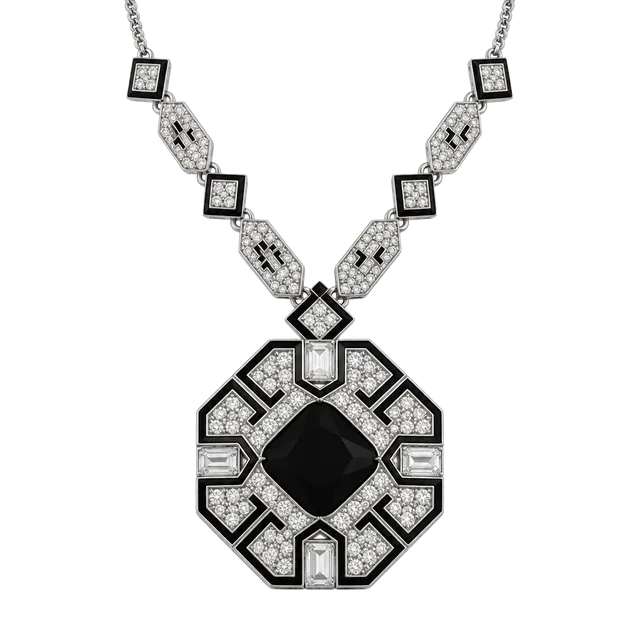 Vintage Art Deco Style Rhinestone And Dark Green Glass Pendant Necklace