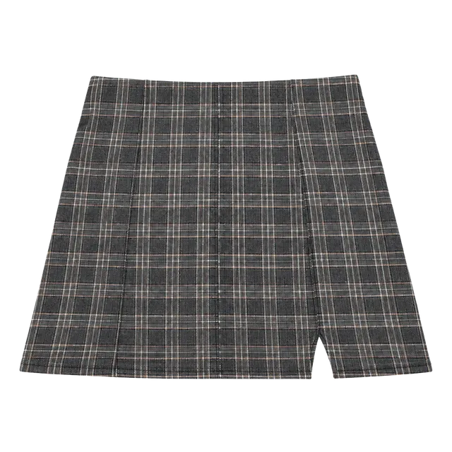 JOLT Womens Plaid Mini Skirt Gray Brown Pleated Slit Y2K Preppy Academia