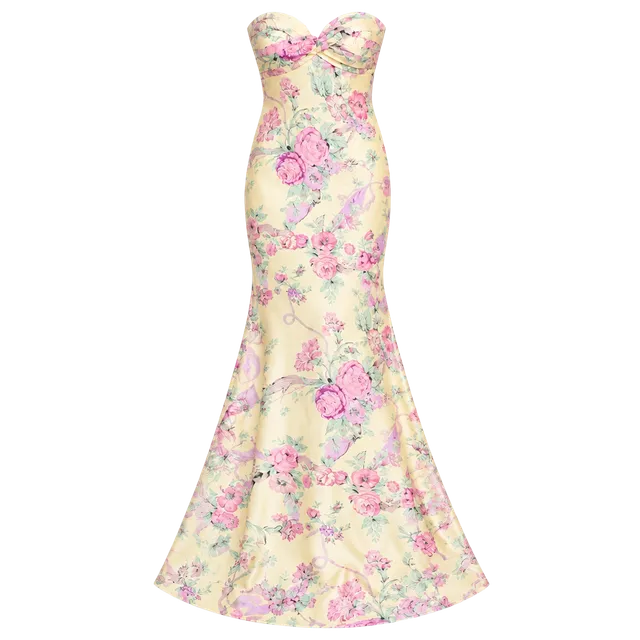 House of CB Floral Satin Strapless Maxi Dress