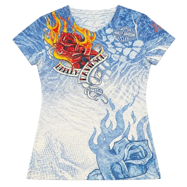 Harley-Davidson Graphic T-Shirt womens Size L Blue Flame Rose 