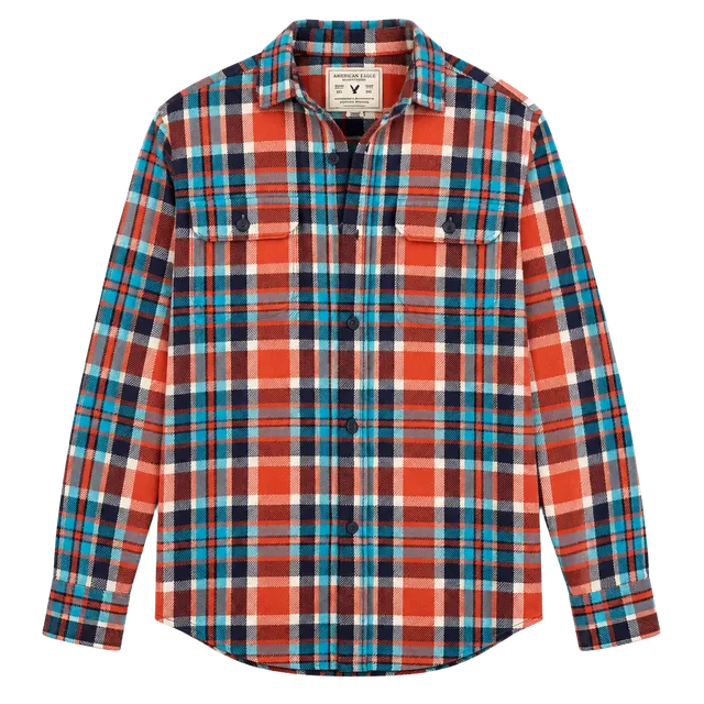 American Eagle Plaid Flannel Shirt Orange Blue