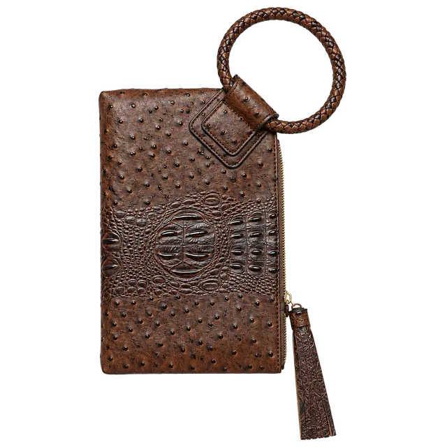 Virago Collection Brown Ostrich And Croc Embossed Vegan Wristlet Clutch