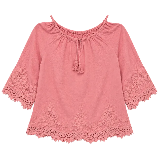 New York & Company Pink Bell Sleeve Blouse with Tie Front Lace Hem Size Small