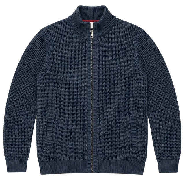 LL Bean Organic Cotton Waffle Knit Full Zip Sweater Blue