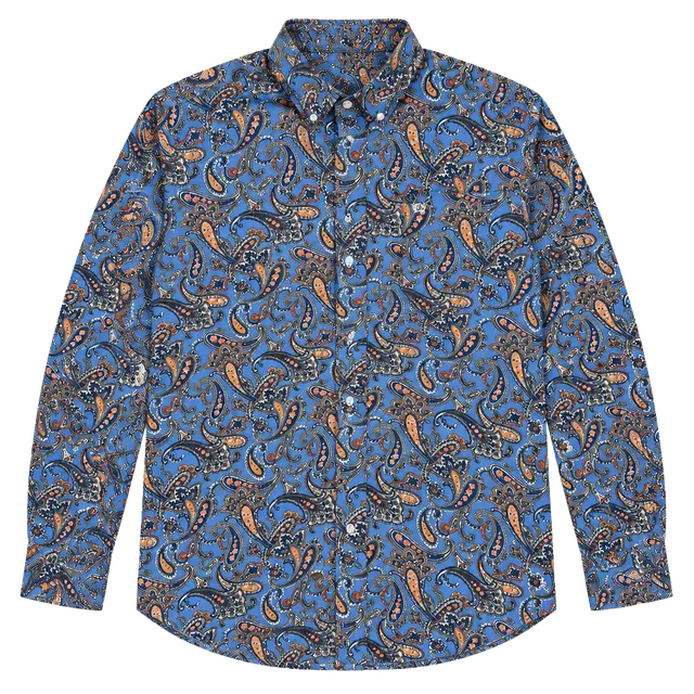 Cinch Long Sleeve Button Down Shirt Size M Blue Paisley Print Cotton