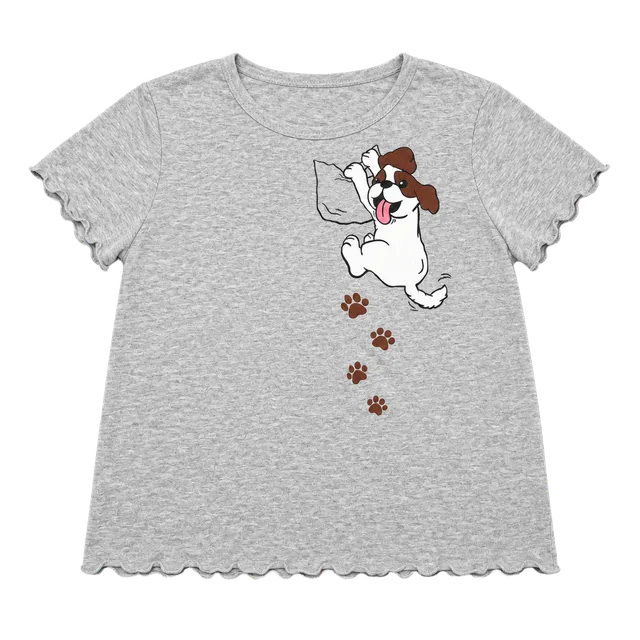 Moa Moa Girls Dog Graphic T-Shirt Size XL Gray Short Sleeve Lettuce Hem