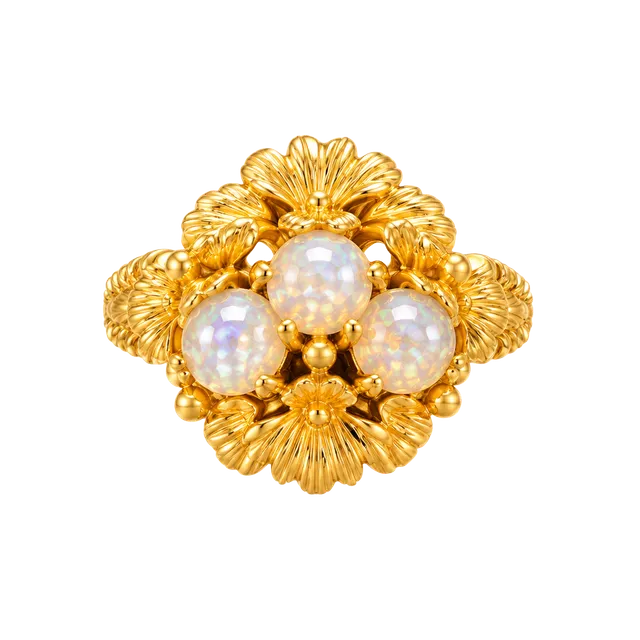 Vintage 1960s Avon Gold Tone Floral Statement Ring With Faux Opals