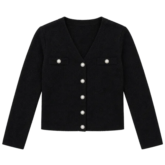 T Tahari Cardigan Sweater Size M Black Pearl Button Long Sleeve Pocket