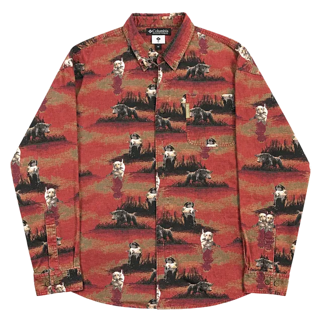 Columbia River Lodge Button Down Shirt Size L Dog Duck Hunting Print