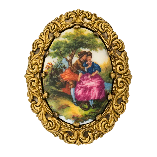 Courting Couple Brooch Pin ~ Pierced Filigree Edge ~ Gold Tone