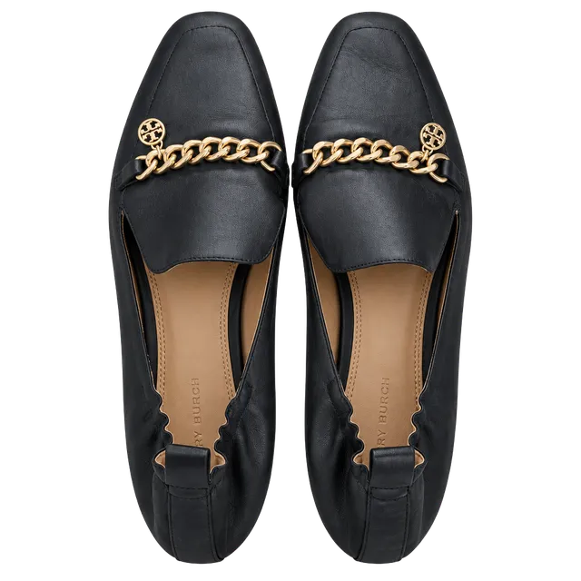 Tory Burch Mini Benton Loafers Black Leather Gold Chain