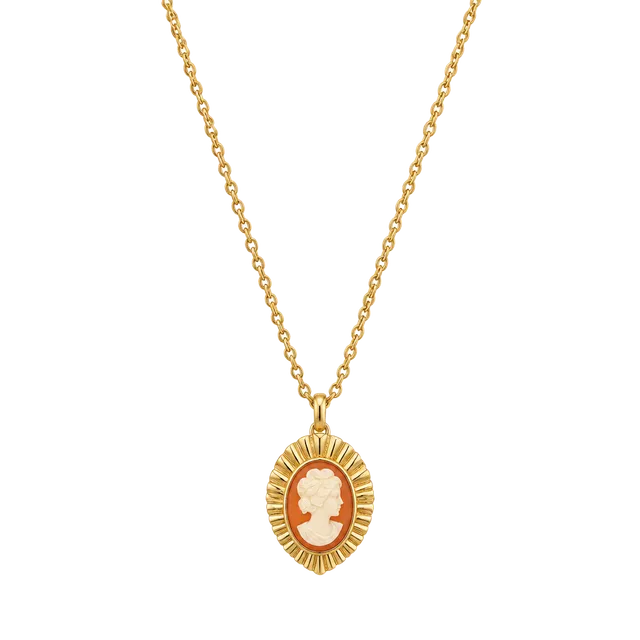 Upcycled Vintage 1970s Gold Tone Coral White Cameo Pendant Necklace