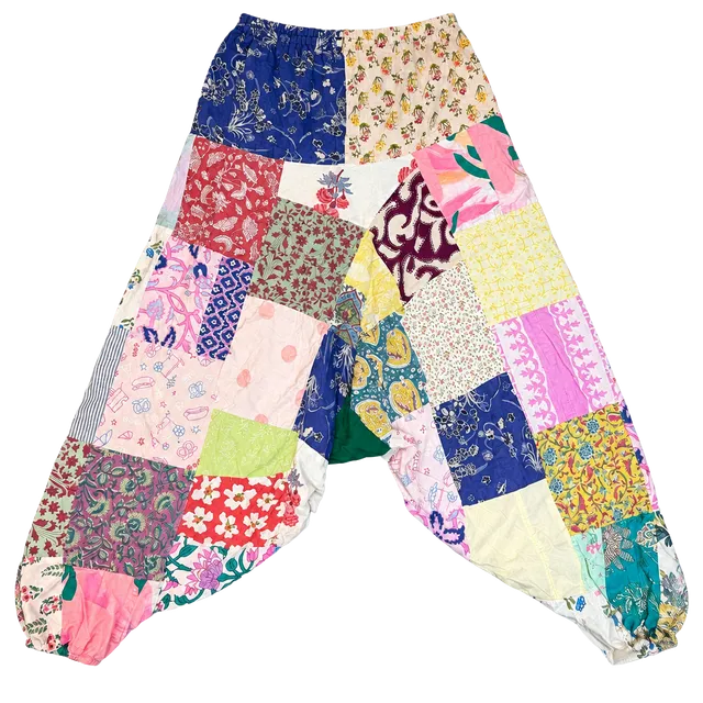 Boho Patchwork Drop Crotch Harem Pants Multicolor Cotton Elastic Waist