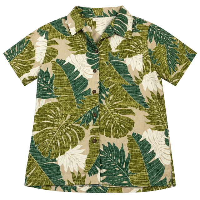 Malihini Hawaii Tropical Leaf Hawaiian Collared Button Down Shirt Green Size M (OF)