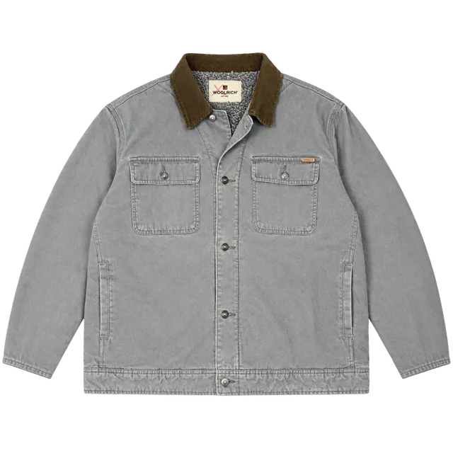 Woolrich Canvas Work Jacket Size XXL Grey Sherpa Lined Corduroy Collar