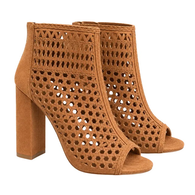 Report Wiola Tan Suede Laser Cut Peep Toe Booties Size 7