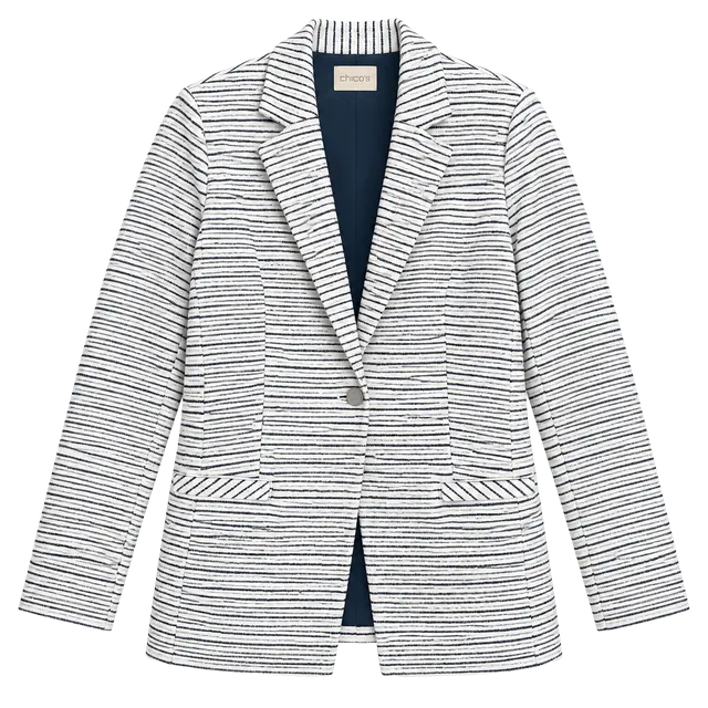 Chico's Striped Blazer Size 0 White Navy Blue One Button Jacket