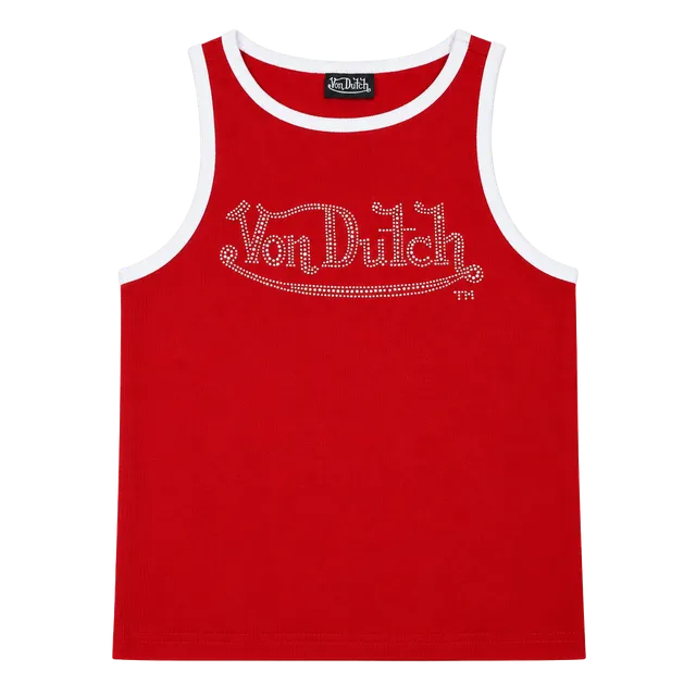 NWT Von Dutch Rhinestone Tank Top Size L Red White Ribbed Y2K
